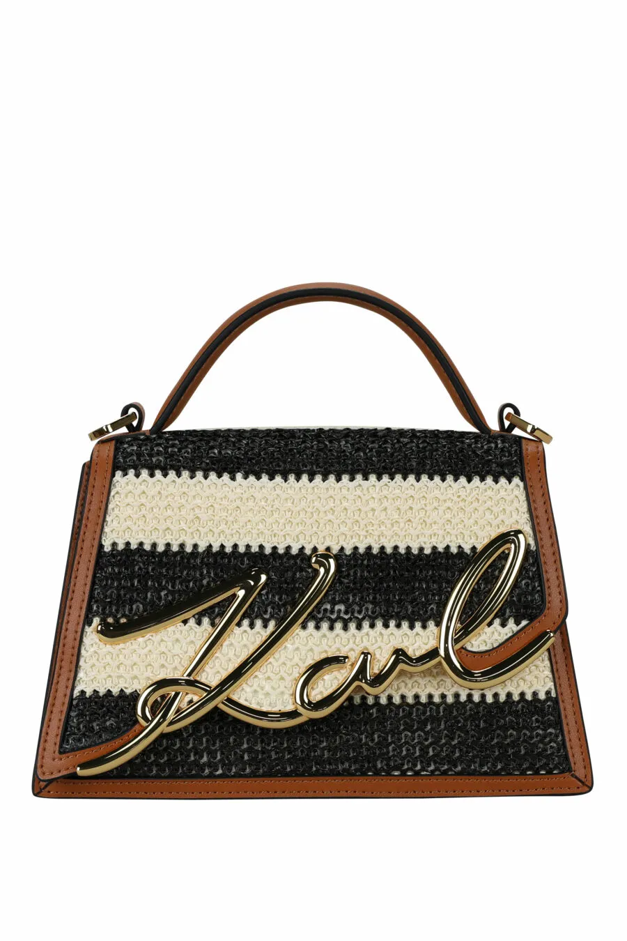 Bolso bandolera mini de rafia con lineas blancas y negras y minilogo