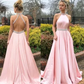 Fashion Backless Halter Pink Diamond Neck Sleeveless Wedding Long Prom Dress Bridesmaid Party Maxi Women's Dress
