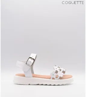 SANDALIAS NIÑA PIEL COQUETTE PALA BLANCA FLORES Y BRILLOS